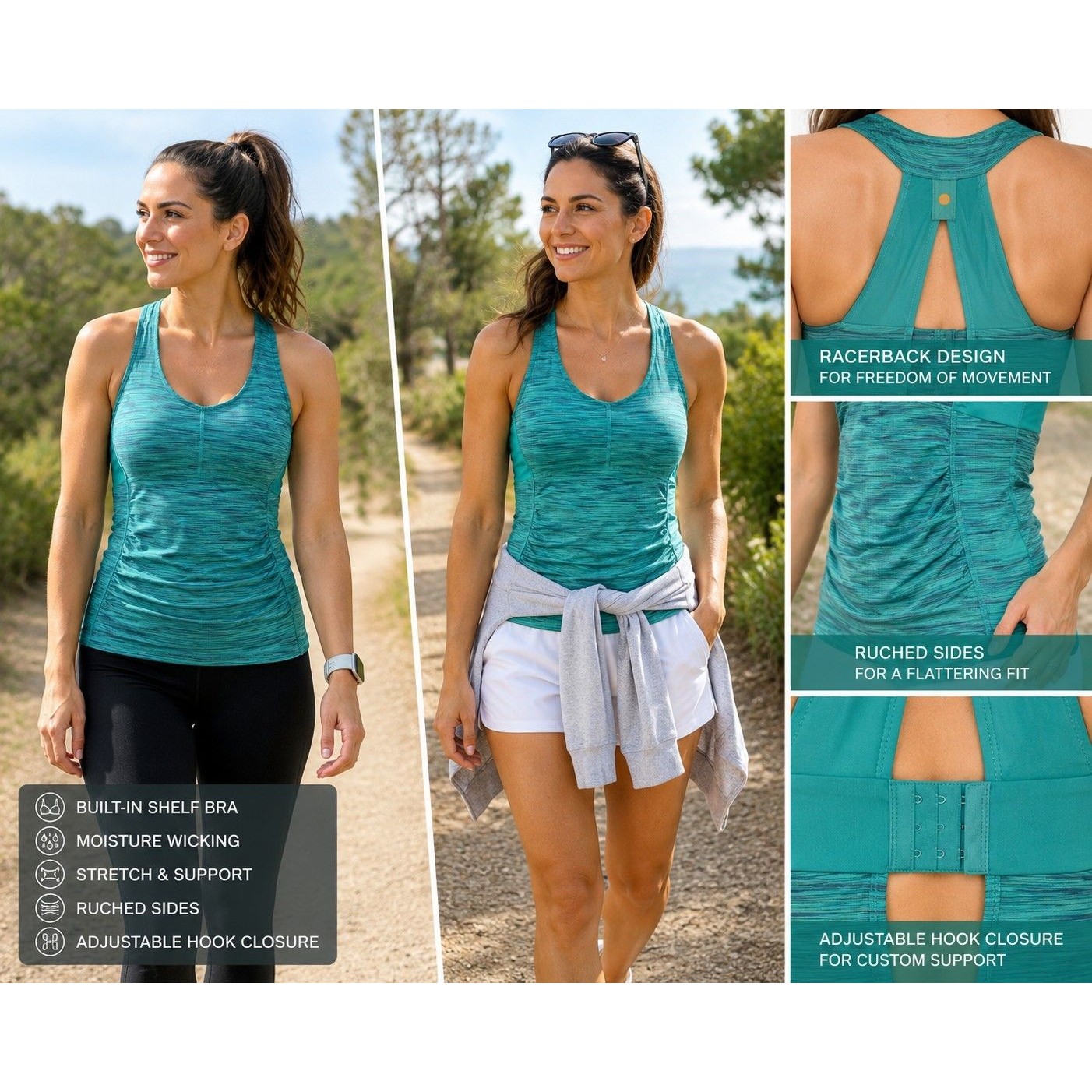 Lucy Xl Athletic Tank Top Built In Bra Ruched Side Racerback Yoga Gym Teal